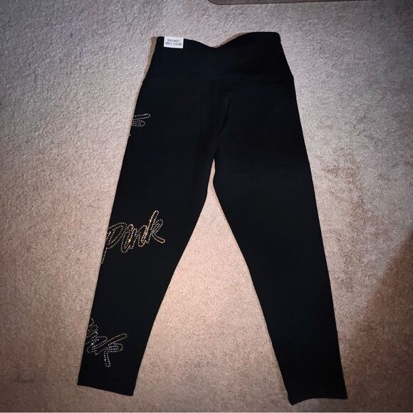 PINK Victoria’s Secret Black High Waist Yoga Leggings w/ Rhinestone Logo Size M - Picture 2 of 4
